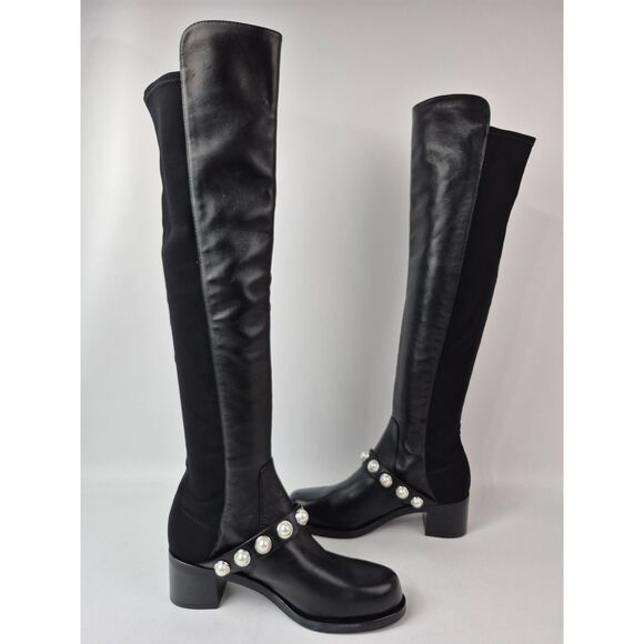 Stuart Weitzman Women's Black Portia 5050 Studded Pearl Boots Size 7.5 B - Picture 3 of 7